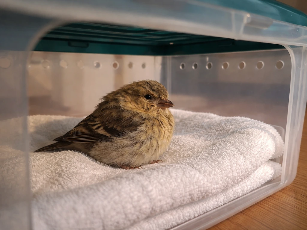 Puffed-up, lethargic bird resting in a ventilated transport box on a clean towel.