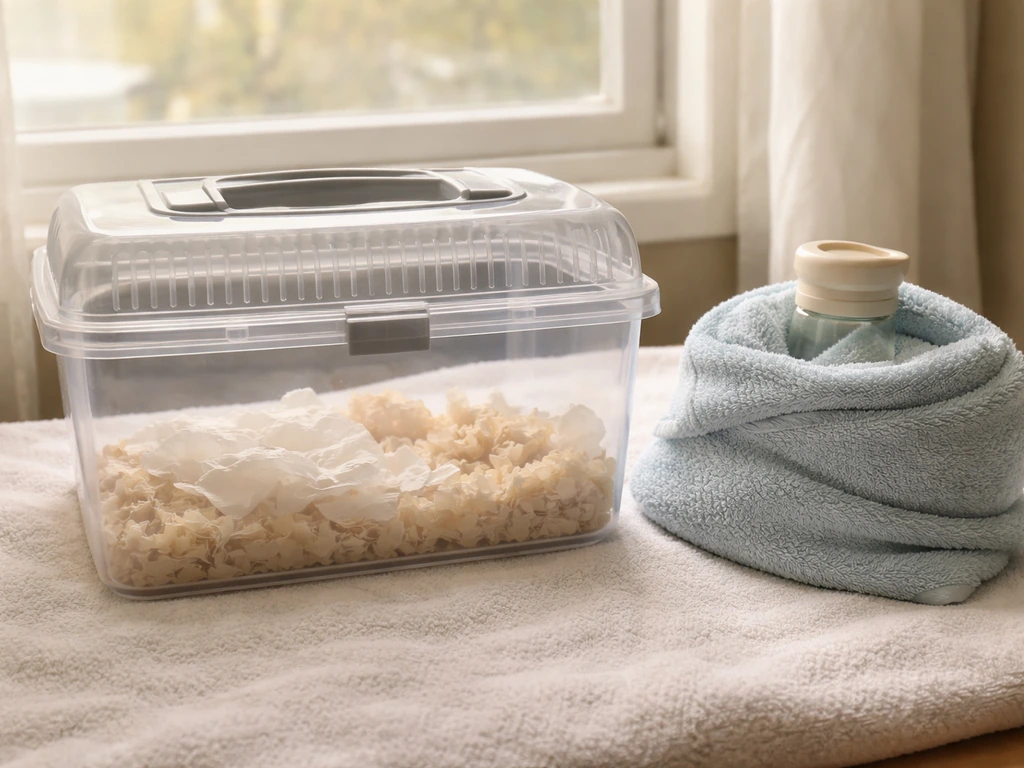 Warm water bottle wrapped in towel placed beside a small animal rescue container