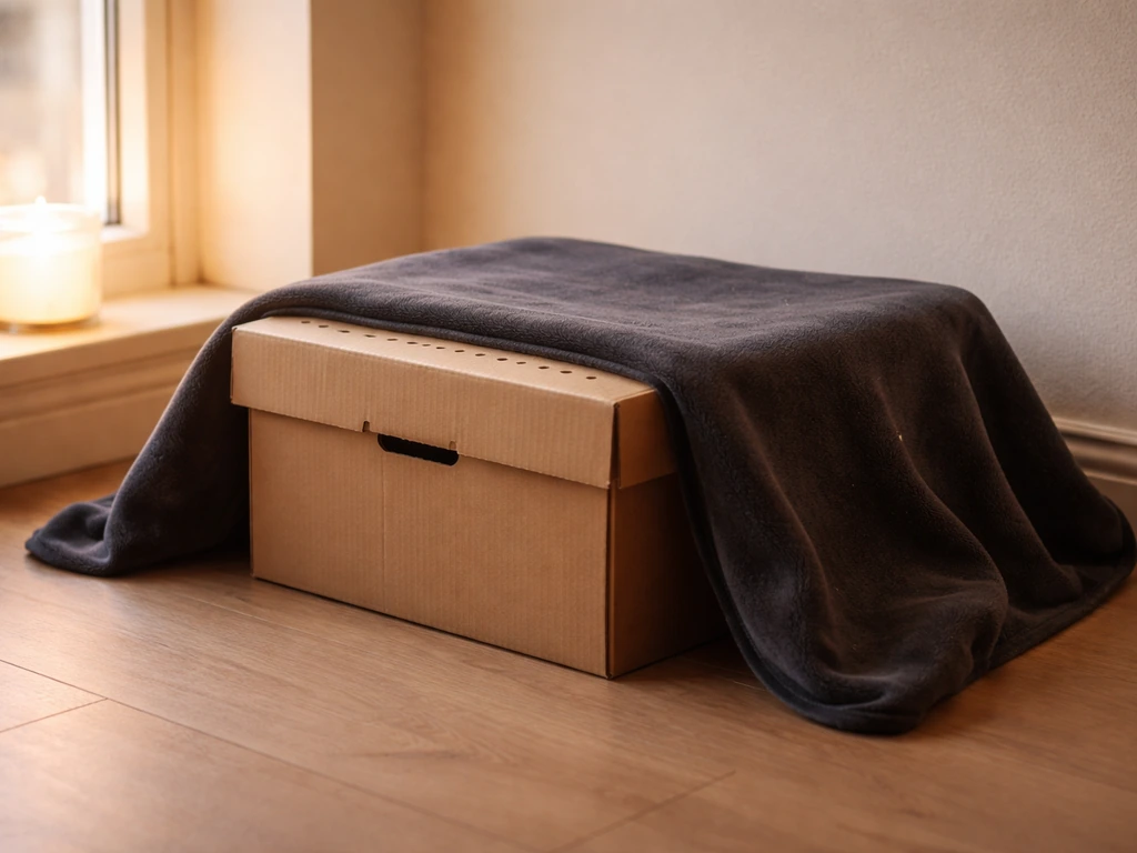 A covered rescue box left closed in a quiet room, warm and dark, signaling to leave a bird alone.