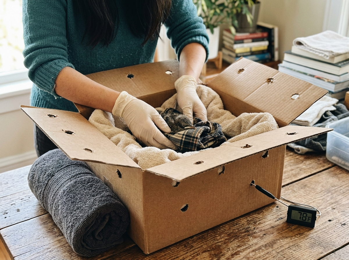 Ventilated cardboard box with soft lining and external heating pad setup