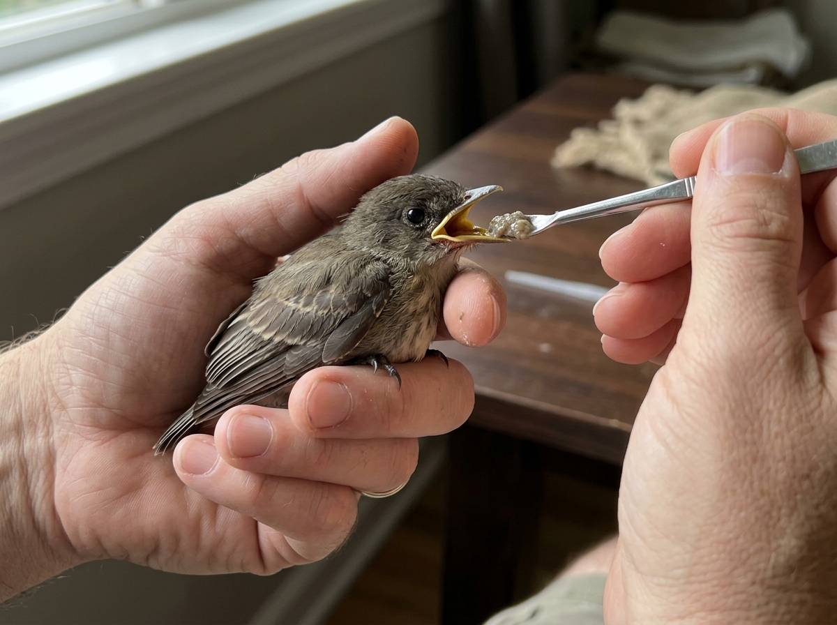Upright nestling being fed with small spoon/tweezers at the beak