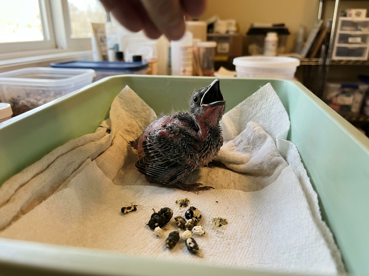 Nestling inside warm box with visible droppings and feeding response