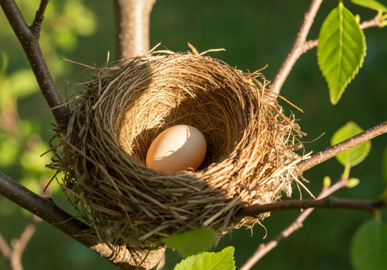 American robin egg resting in a nest, warm natural light suggesting humane incubation and hope of hatch.