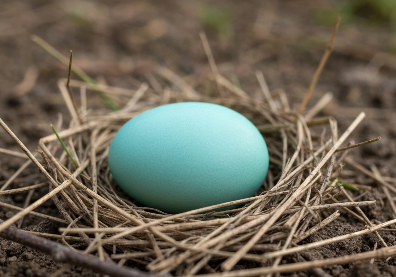 Close-up of a sky-blue American robin egg nestled in dry grass in natural light.
