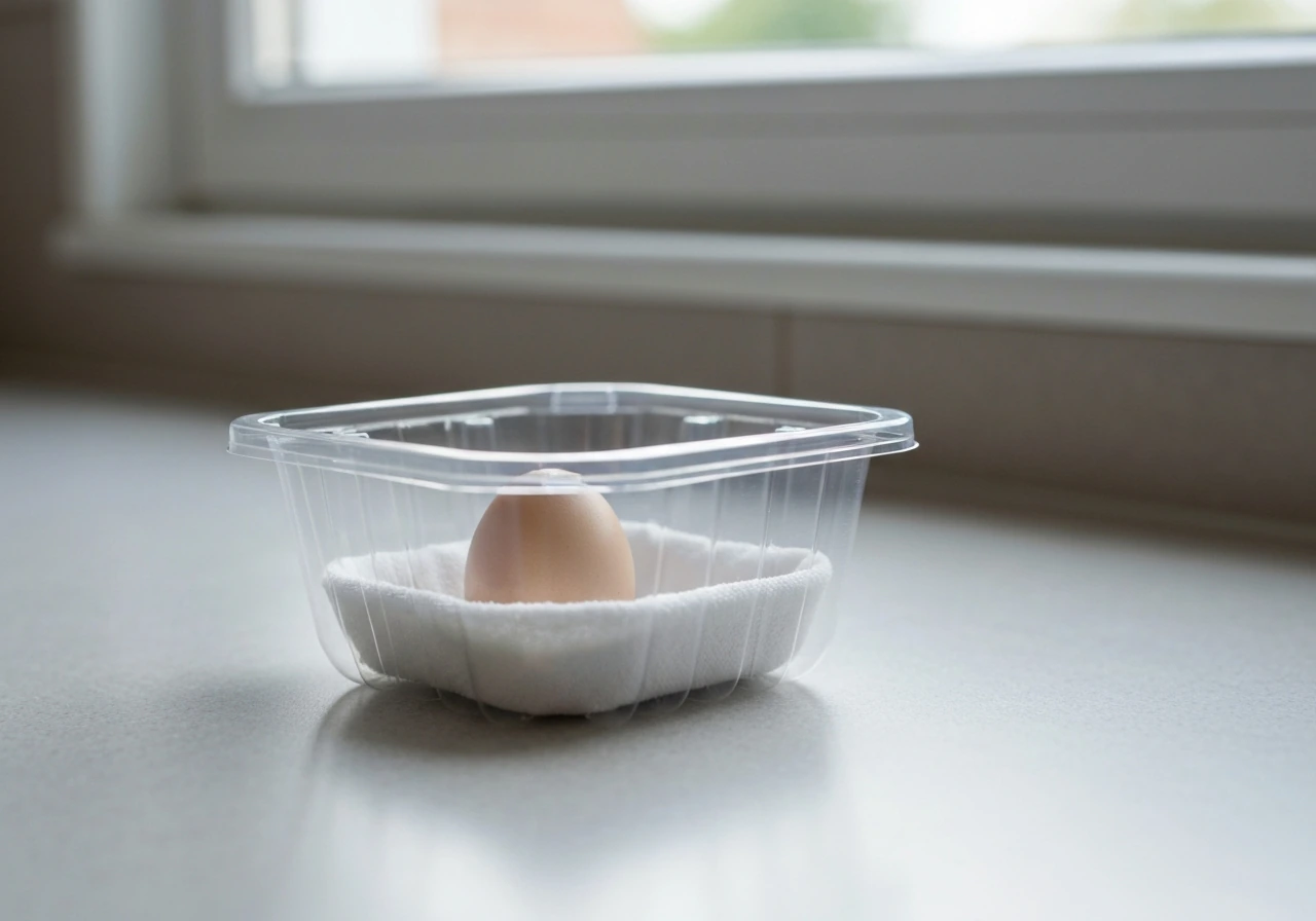Robin egg resting gently in a ventilated small container lined with soft cloth.