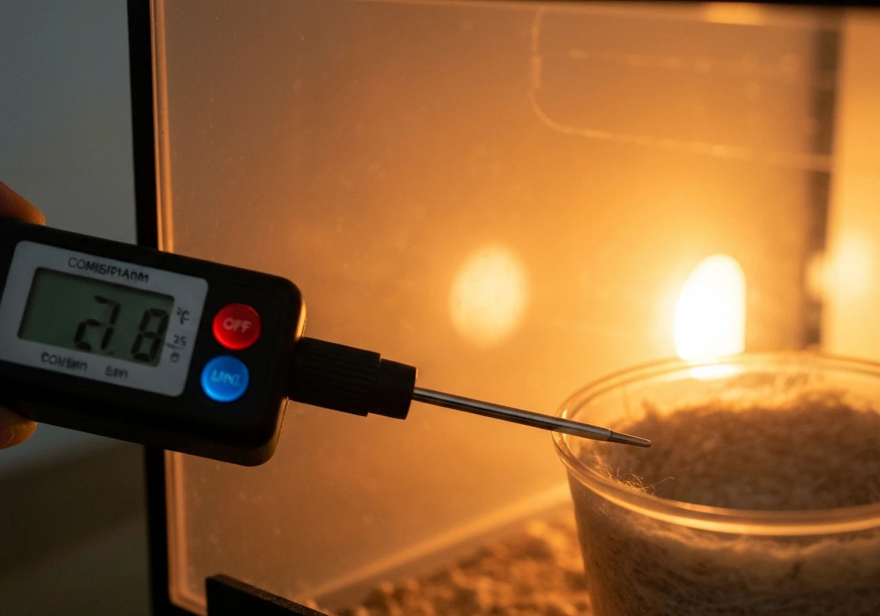 Warm DIY incubator close-up showing a thermometer probe in a controlled, cozy environment.