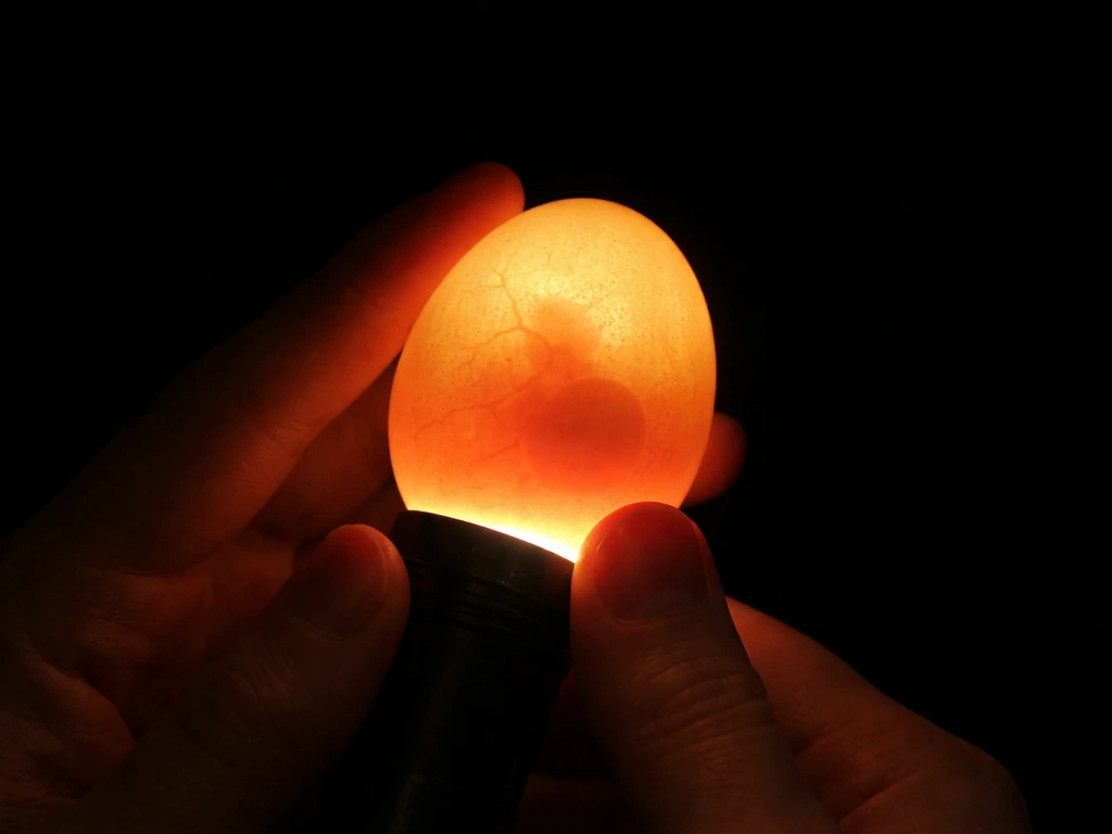 A hand holds a flashlight against an egg in a dark room, showing faint glowing development inside.