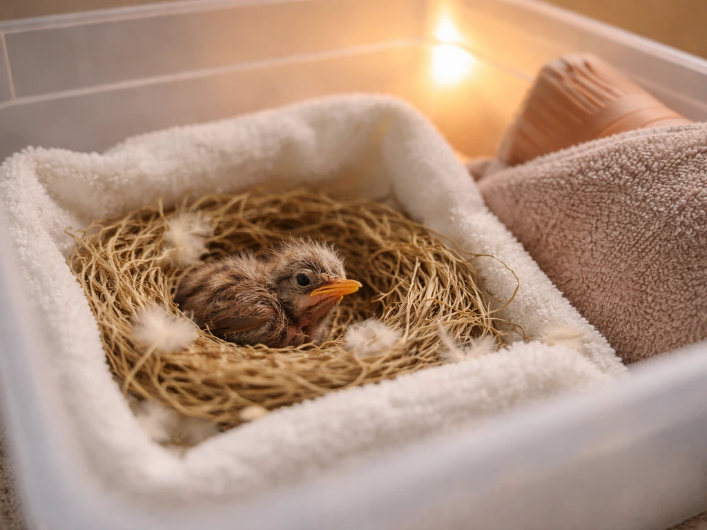A tiny robin nestling resting in a small warm brooder beside a covered warm-water bottle