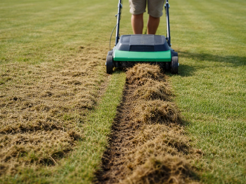 Groene gazonstroken terwijl een verticuteermachine vilt en verdichting uit de toplaag snijdt