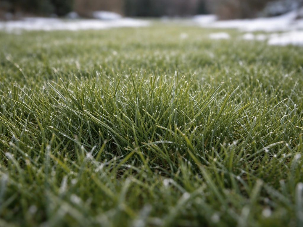 Close-up van wintergroen gazon met diepgroen tot grijsgroen, dicht en compact gras in de winter.