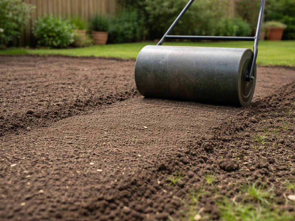 Tuinier die een ingezaaid gazonbed egaliseert met een grondwals op een effen tuinpad.