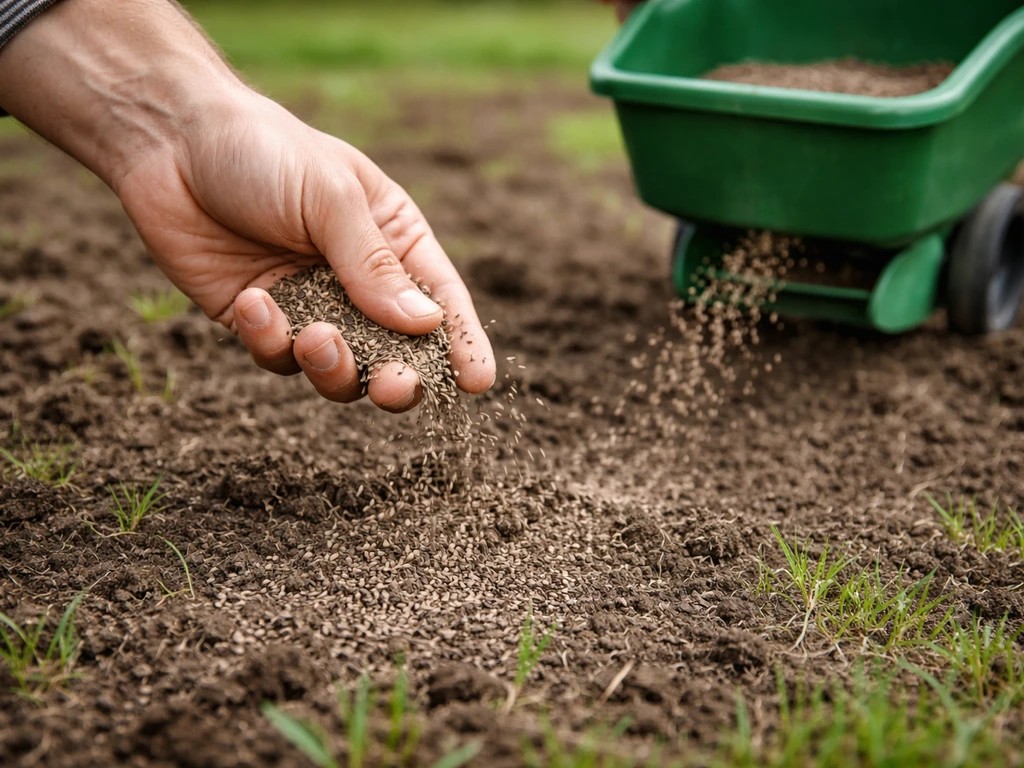 Hand die graszaad gelijkmatig uitstrooit op losgemaakte aarde voor een nieuw gazon.