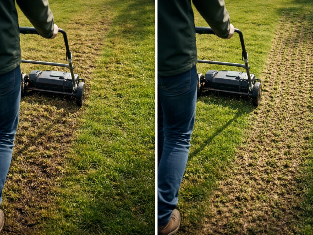 Man gebruikt een verticuteermes op een gazon; daarna is de bodem belucht met zichtbaar lucht en kleine sleufjes.