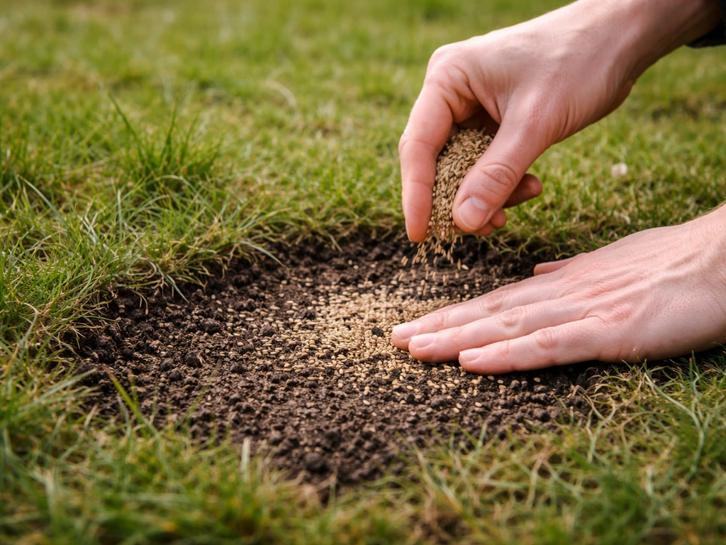 Hand strooit graszaad op een kaal gazonplekje, met licht vochtige grond voor herstel na de winter.