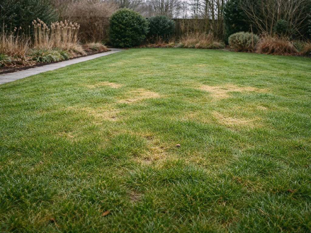 Wintergazon van Engels gras met gele en kale plekken, nog steeds dicht en groen in een Nederlandse tuin.