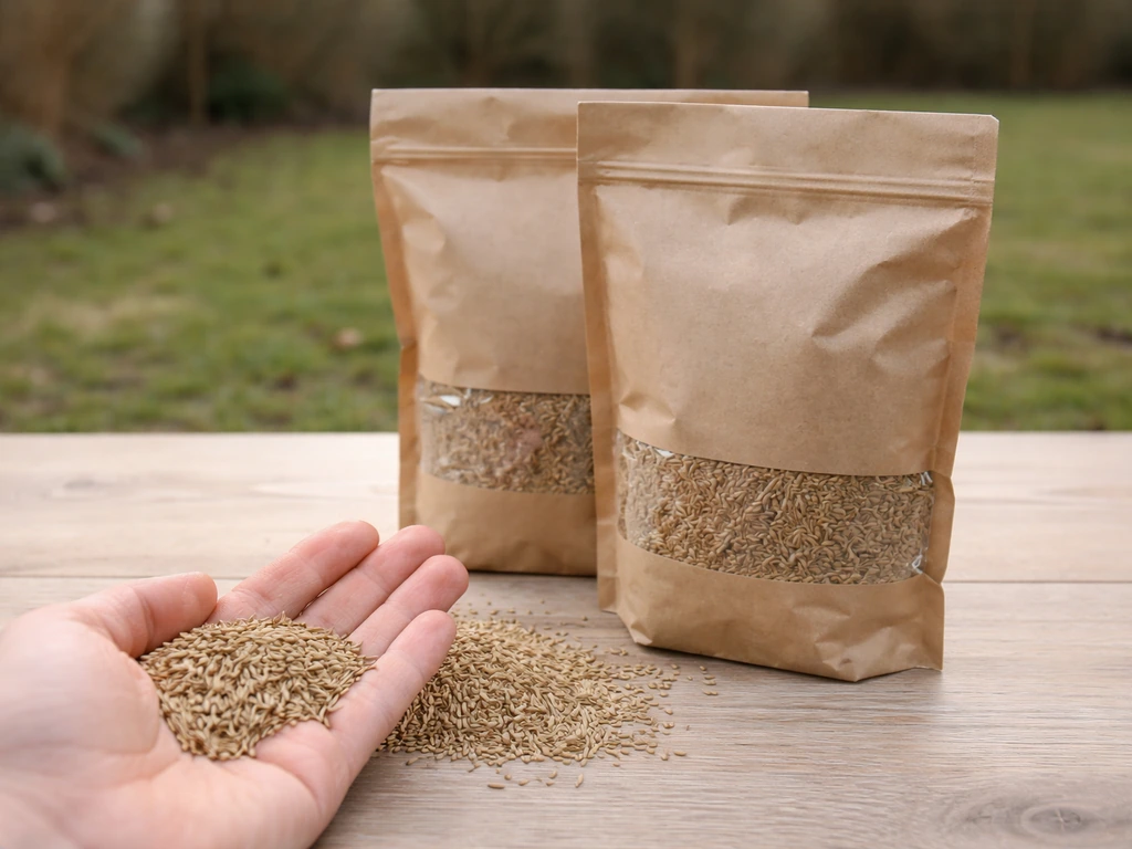 Meerdere zakken graszaad met een mengsel van Engels raaigras, naast een kleine handvol zaad op een gazon-achtergrond.