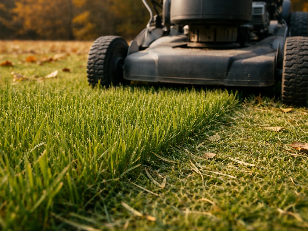 Close-up van grasmaaier die herfstgras maait tot ca. 4–5 cm, met vers afgesneden grassprieten.