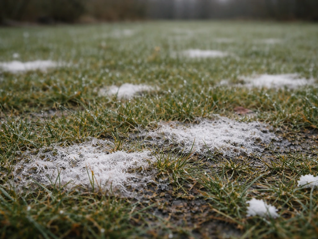 Nat wintergazon met zichtbare witgrijze plekken die aan sneeuwschimmel doen denken, bij sneeuwresten.