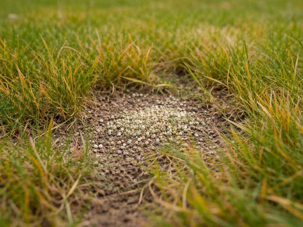 Close-up van geel/oranje gras met verschralende sprieten en een beetje gazonmeststof op de grond