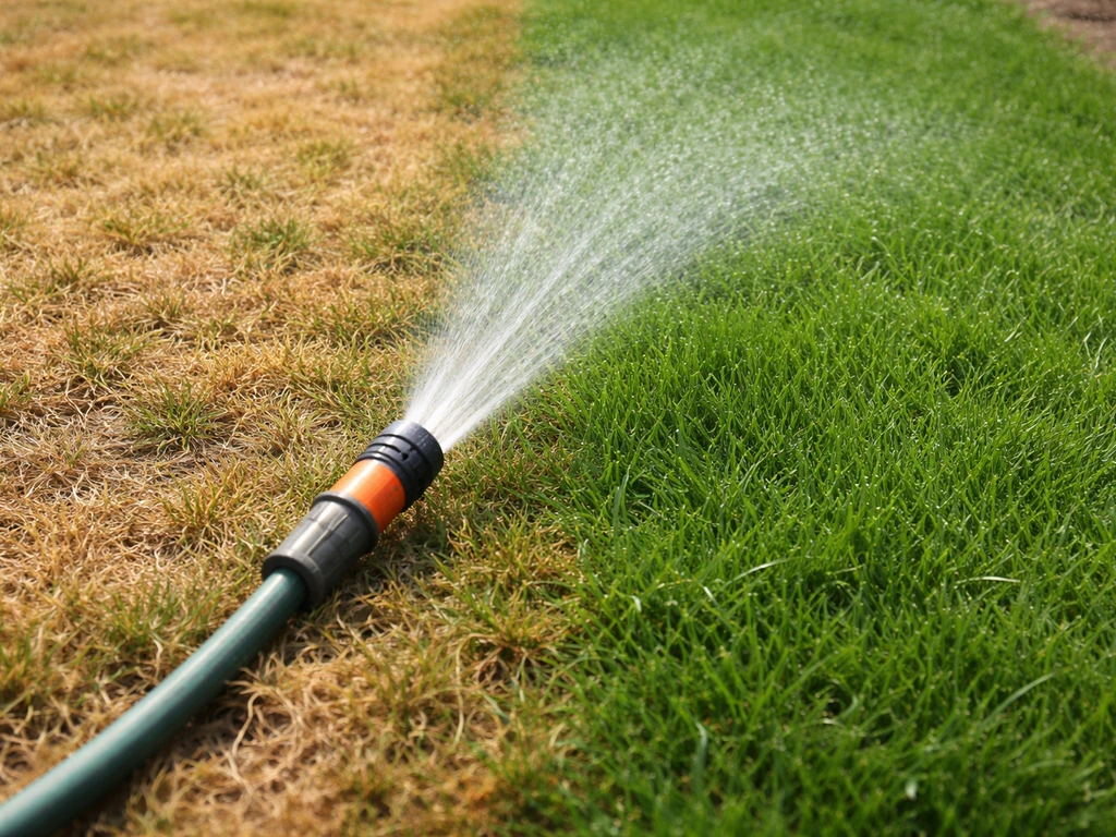 Gazon met duidelijke verdroging links en net besproeid groener gras rechts.