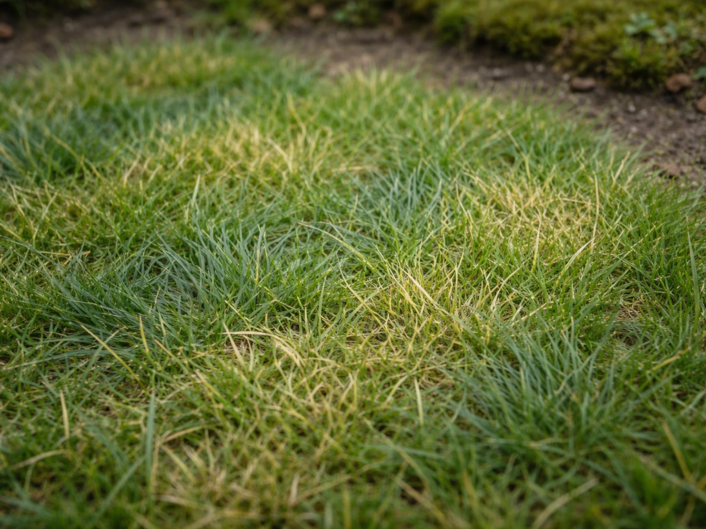 Close-up van verkleurde grashalmen en patches met dof blauwgrijs en geelgroene kleur op een gazon