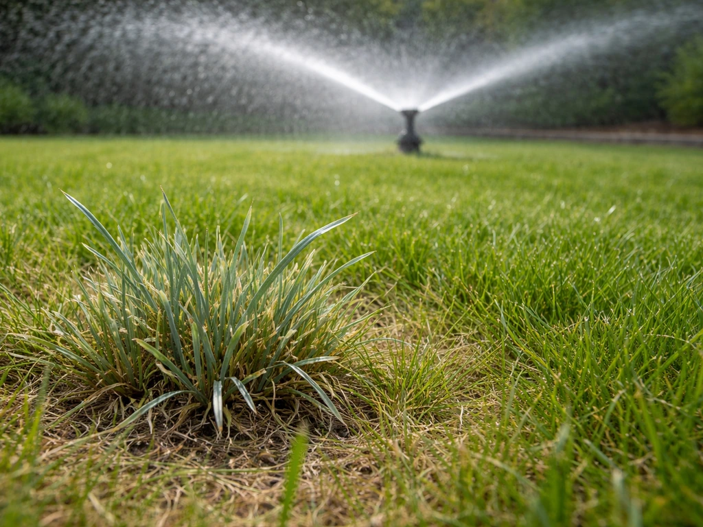 Sproeier op een watergestrest gazon met gras dat grijsblauw oogt en waterdruppels op de bladeren.