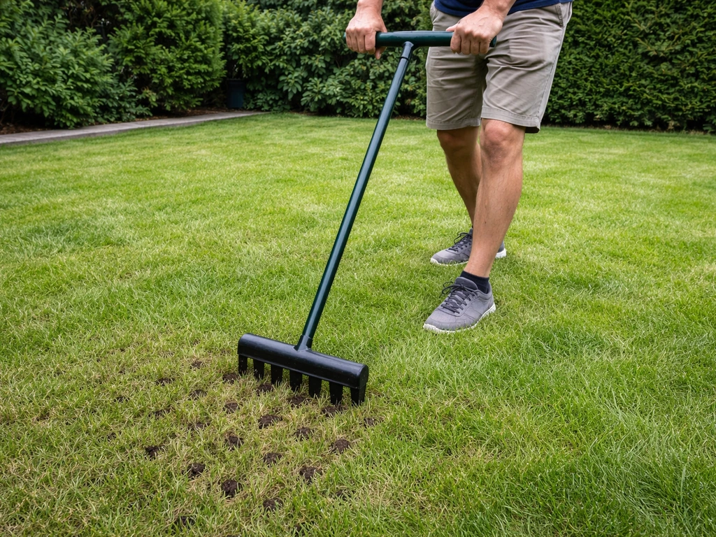 Persoon belucht een gazon met een gazonbeluchter, die de toplaag openprikt voor viltlaag of verdichting.