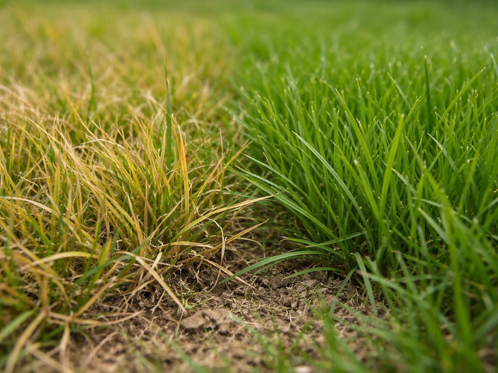 Close-up van grassprieten: vergeelde/bruinige bladpunten tegenover frisgroen gras in één beeld.