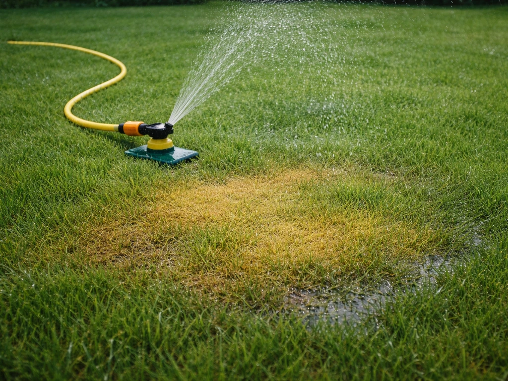 Tuinslang en kleine sprinkler die een gele plek in het gazon gelijkmatig besproeit na bemesten