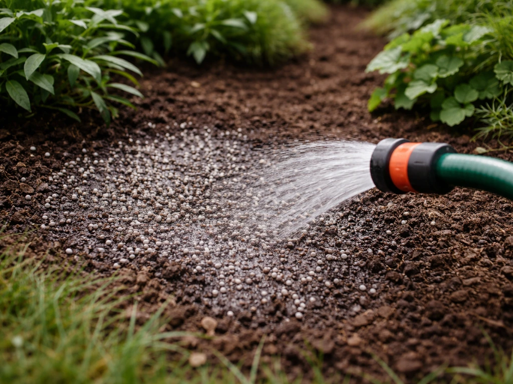 Mestkorrels op de grond, direct natgespoten met een slang: duidelijk nat geworden strooizone op gras.