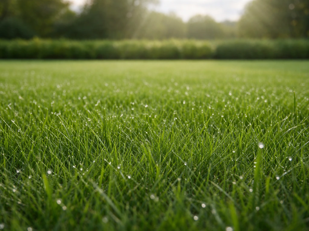 Diepgroen, gezond gazon met dauwdruppels, dicht en gelijkmatig gras in natuurlijk licht