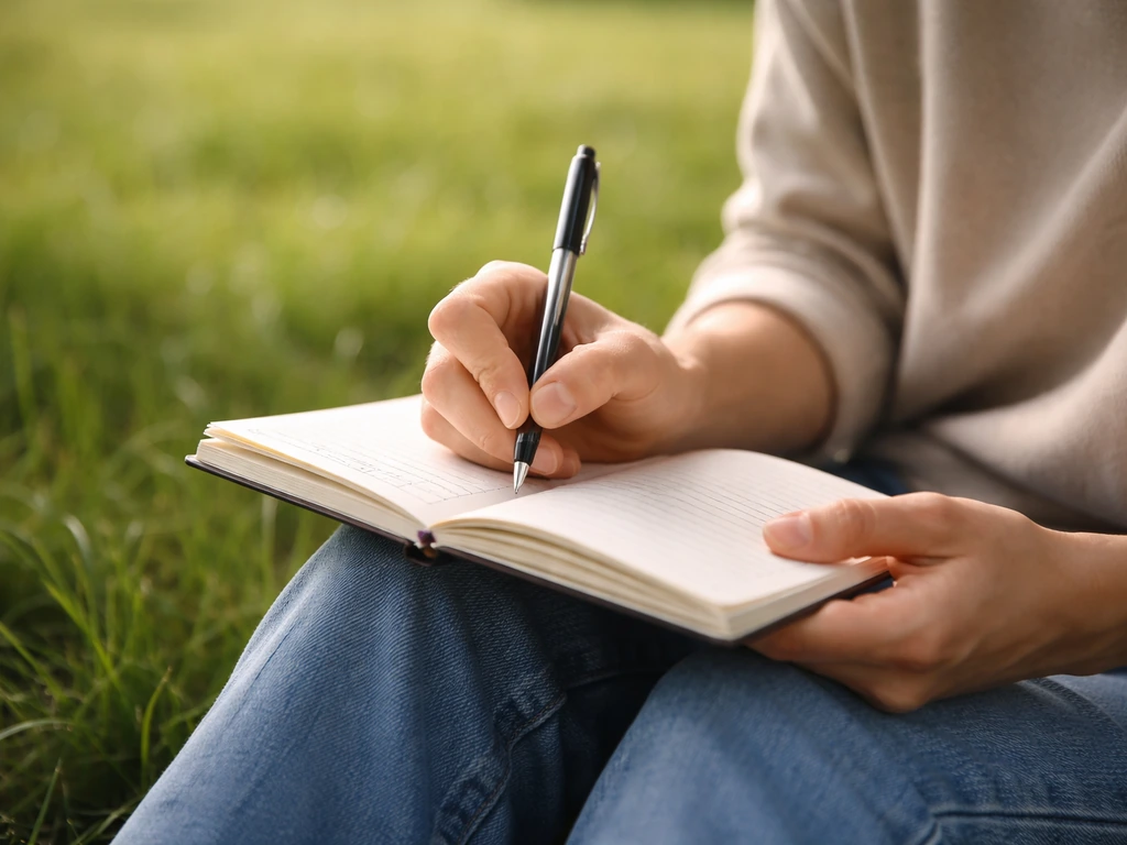 Iemand met een notitieboek bij een groen grasachtig landschap, symbolisch voor de figuurlijke uitdrukking