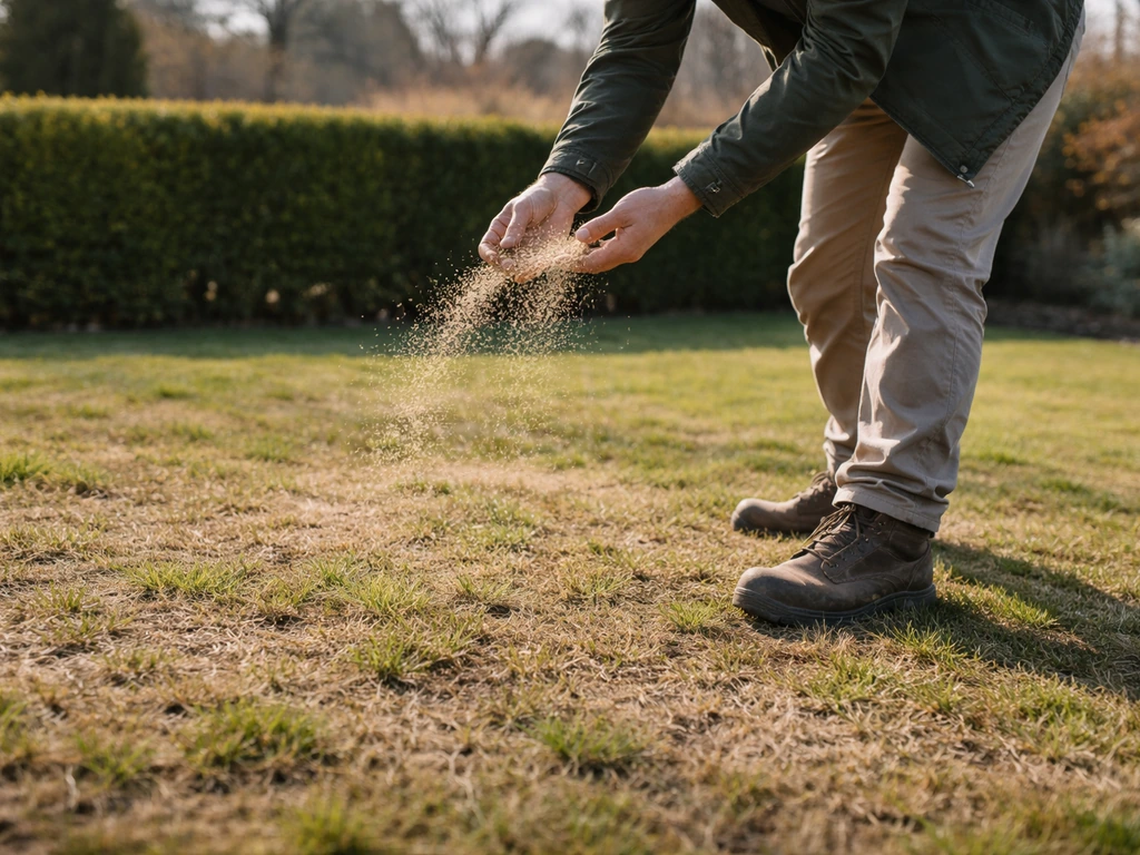 Tuinier strooit mest/zaad over een voorjaar gazon met dunne plekken in Nederland.
