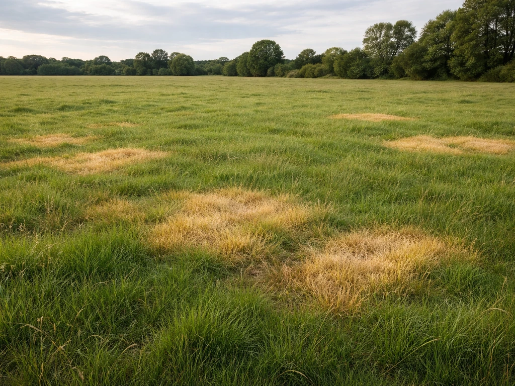 Breed weiland met duidelijke gele plekken in het gras, met verder groen gras op de achtergrond