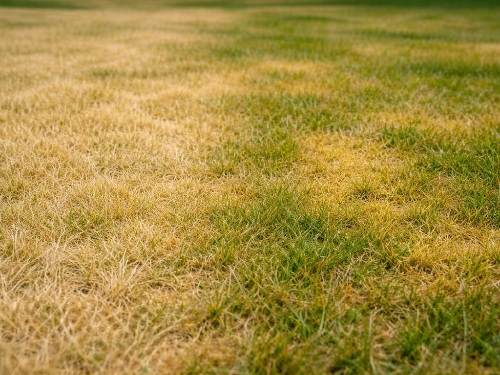 Close-up van geel gras in een weiland met vlekken en bleekgele plekken tussen nog groen gras.
