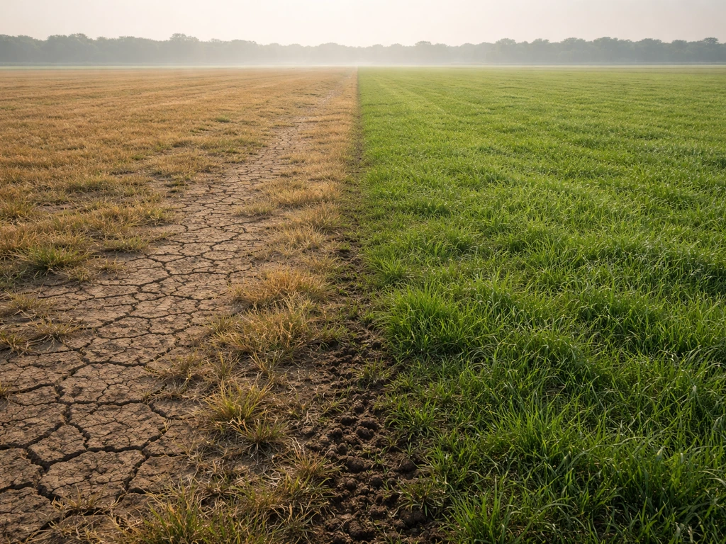 Grasveld waar een deel goed vochtig is en een ander deel droger oogt door watertekort