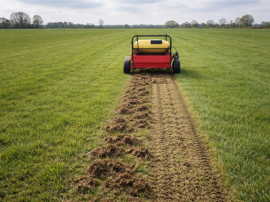 Verticuteermachine in een weiland, met loskomend vilt en een opengewerkte bodem in de maaibaan.