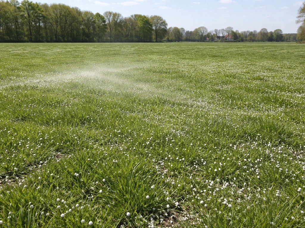 Kalkkorrels die net zijn uitgestrooid op een weiland, met gelijkmatig verdelen over het gras.