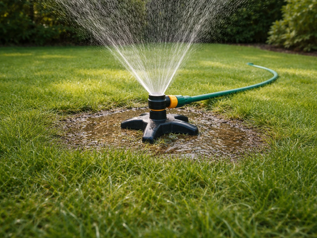 Tuinslang met sprinkler sproeit gericht en laat een natte bodemzone in het gras zien