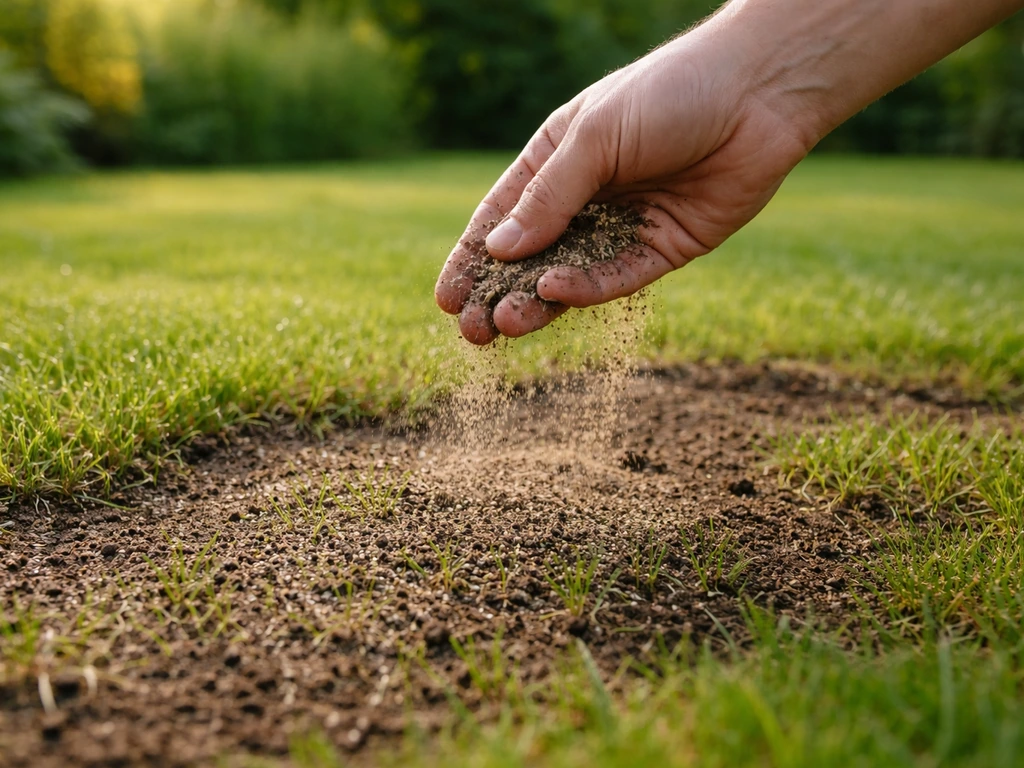 Hand die dunne topdressing over kale plekken in een herstellend gazon strooit, met verse grassprieten zichtbaar.