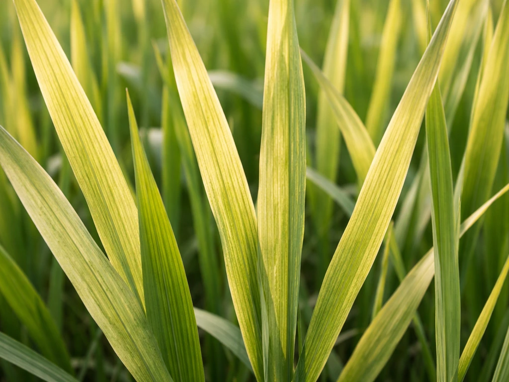 Close-up van geel/bleek gras met duidelijke nerven, wat wijst op chlorose in het voorjaar