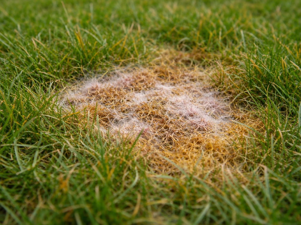 Geel/oranjebruine sneeuwschimmelplek met lichte pluisjes in een Nederlands gazon bij daglicht.