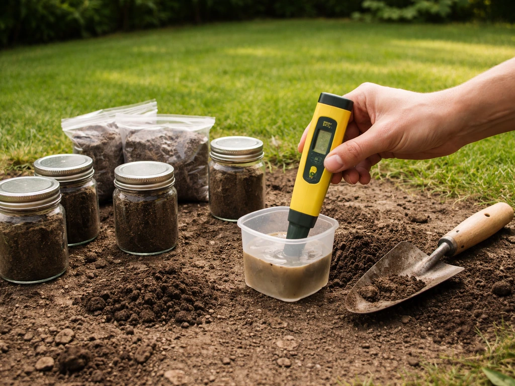 Hand met pH-testset en meerdere grondmonsters naast een gazon in een rustige tuin.