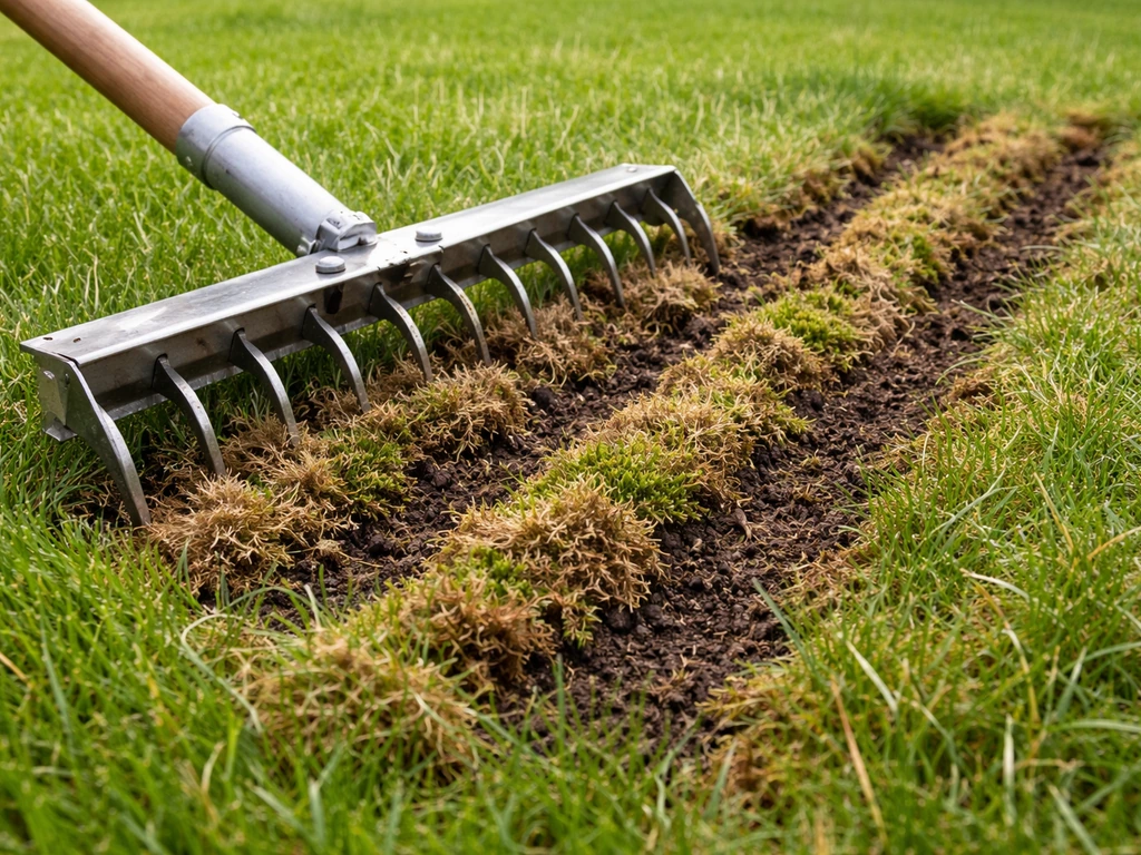 Verticuteerhark die gras openwerkt, met zichtbare vilt- en mosresten op de grond.