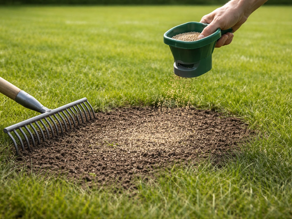 Hulp bij doorzaaien: graszaad wordt op een kale plek gestrooid en licht afgedekt in een tuin.