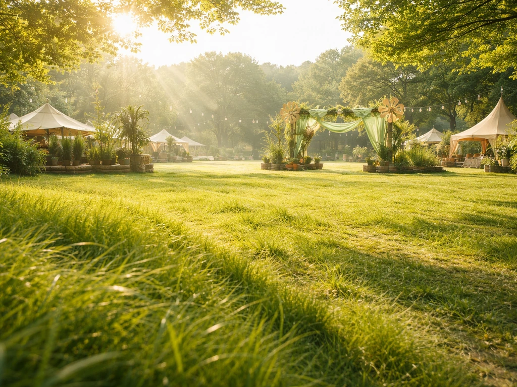 Groen festivalterrein met felgroen gras en zachte zonneschijn, sfeervol en fris voor Groen Gras Festival 2025.