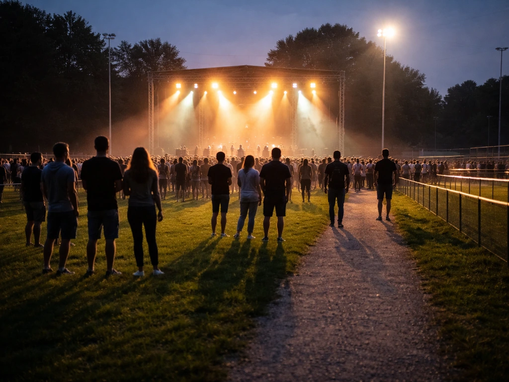 Avondlijke festivaldrukte op een sportpark met podiumlichten en groen gras, sfeer van Groen Gras Festival