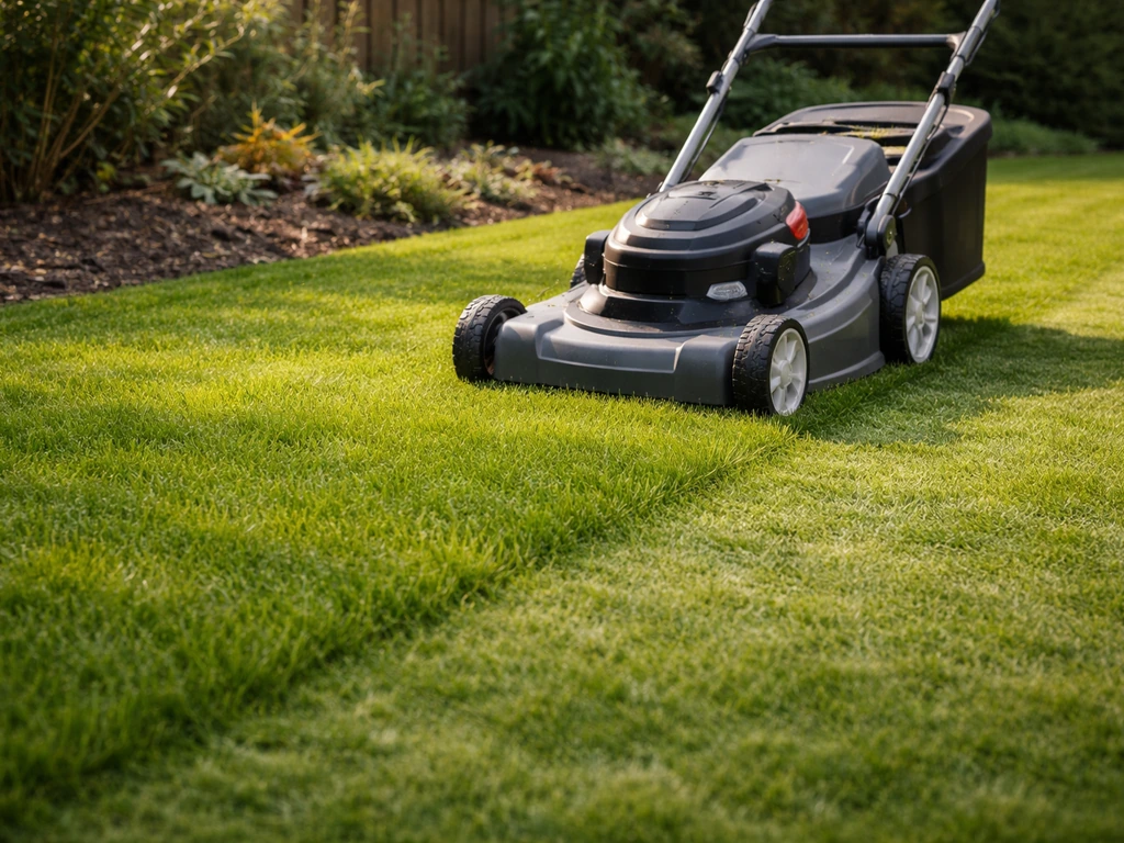 Grasmaaier die een beginnend gazon maait in maart/april, maaihoogte op 4–5 cm, rustige tuinrand op de achtergrond.