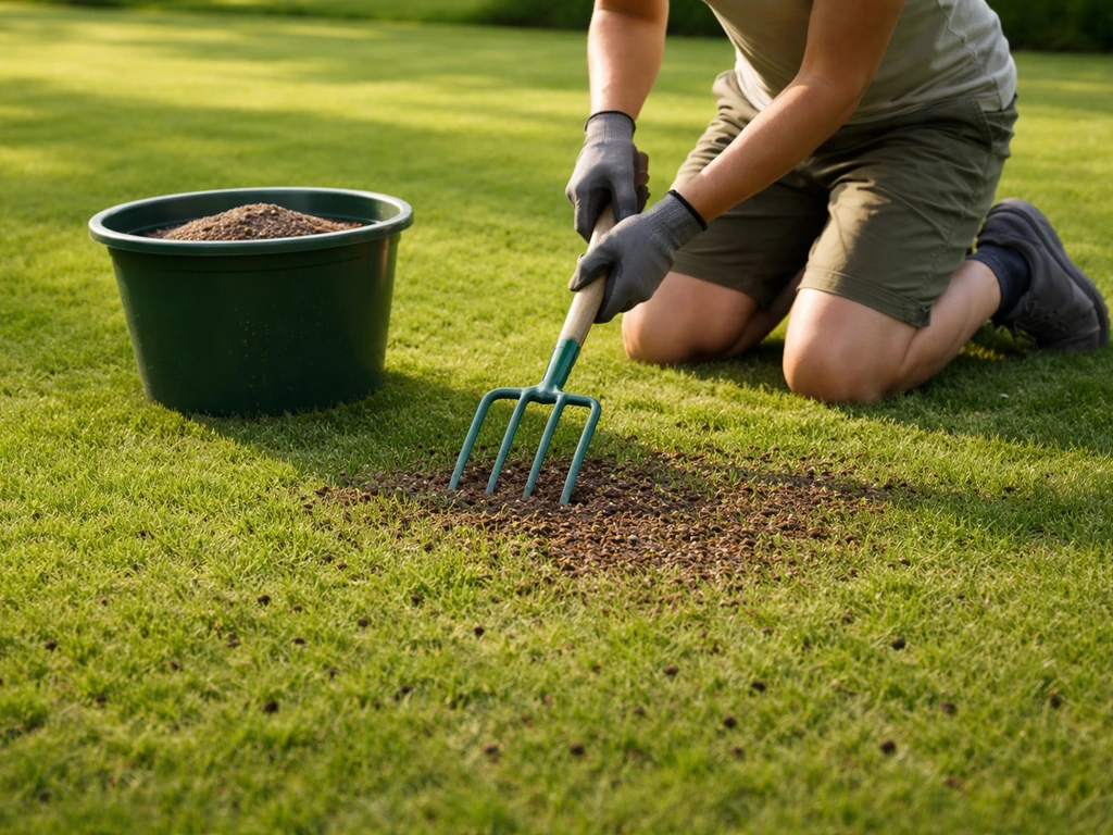 Iemand die met een tuinvork het gazon prikt en daarna mest/topdressing gelijkmatig verspreidt bij zomerlicht.