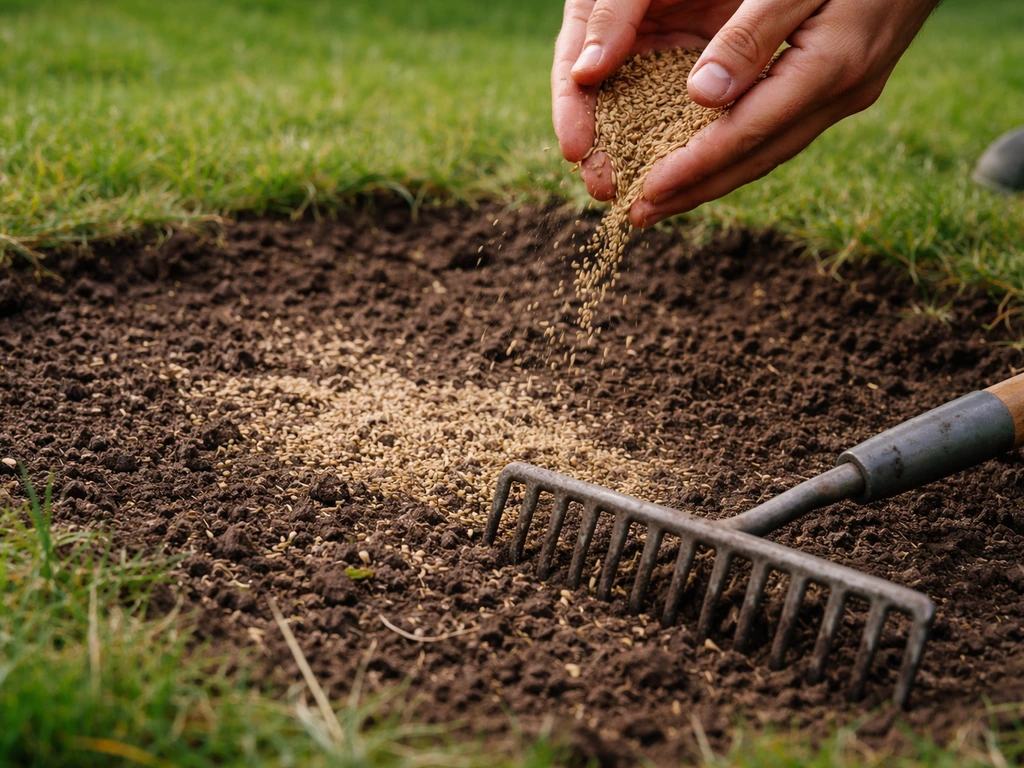 Close-up van herstelzaad dat uitgestrooid wordt op een kale plek, met zichtbare lichte harkbeweging in het gras.